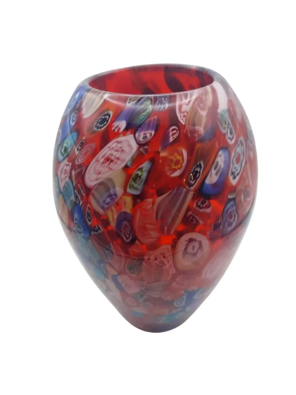 Murano Millefiori Art Glass Vase Hand Blown Red Murrine Canes Aventurine Italy